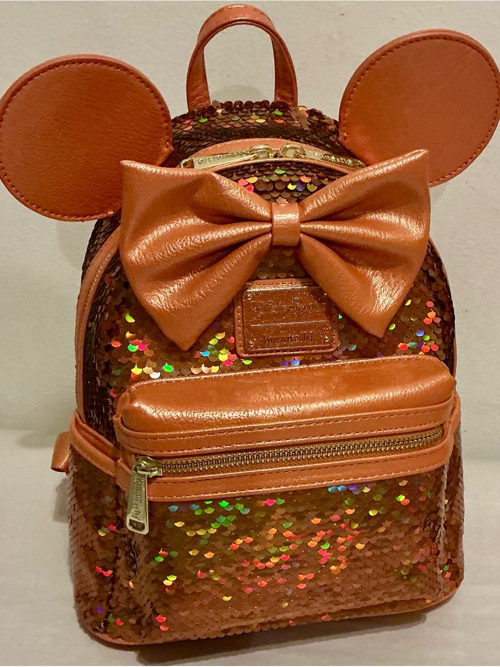 Disney Parks Loungefly Minnie Mouse Ear Sequin Backpack-Peach Punch
